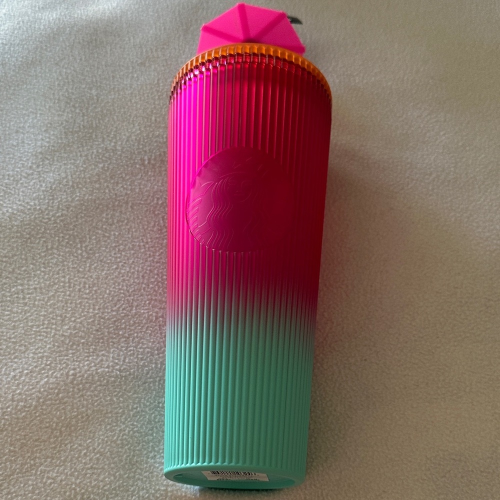 Starbucks24oz  Pink to Teal Ombre Ribbed Tumbler with Orange Accent Lid